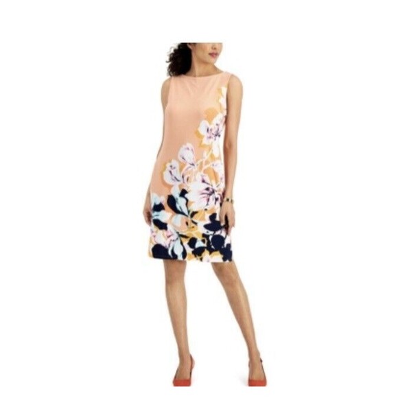 JM Collection Women's Floral Shift Jersey Sleeveless Dress, Size PP coral combo - Picture 1 of 7